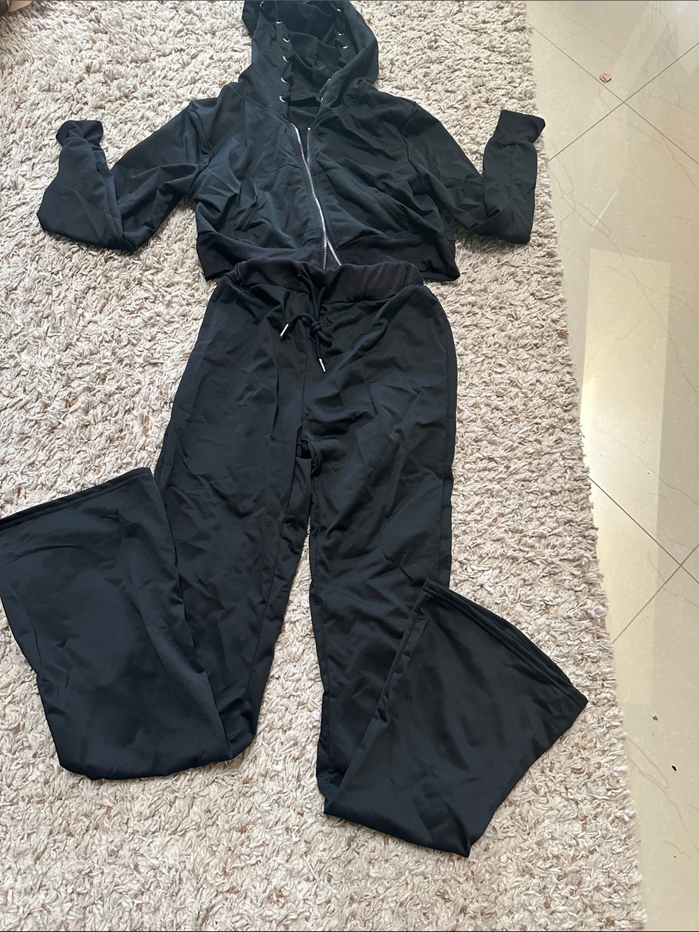 Women's Black Wide-Leg Drawstring Pants Set.
